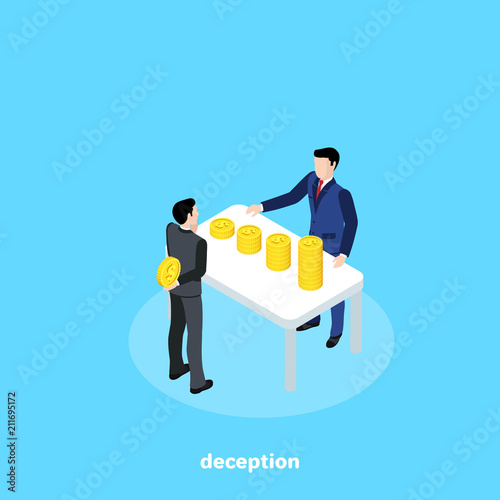 a man in a business suit hides money from another man, isometric image