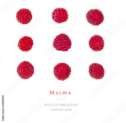 Raspberries on white isolated background. Conceptual layout for your text. 