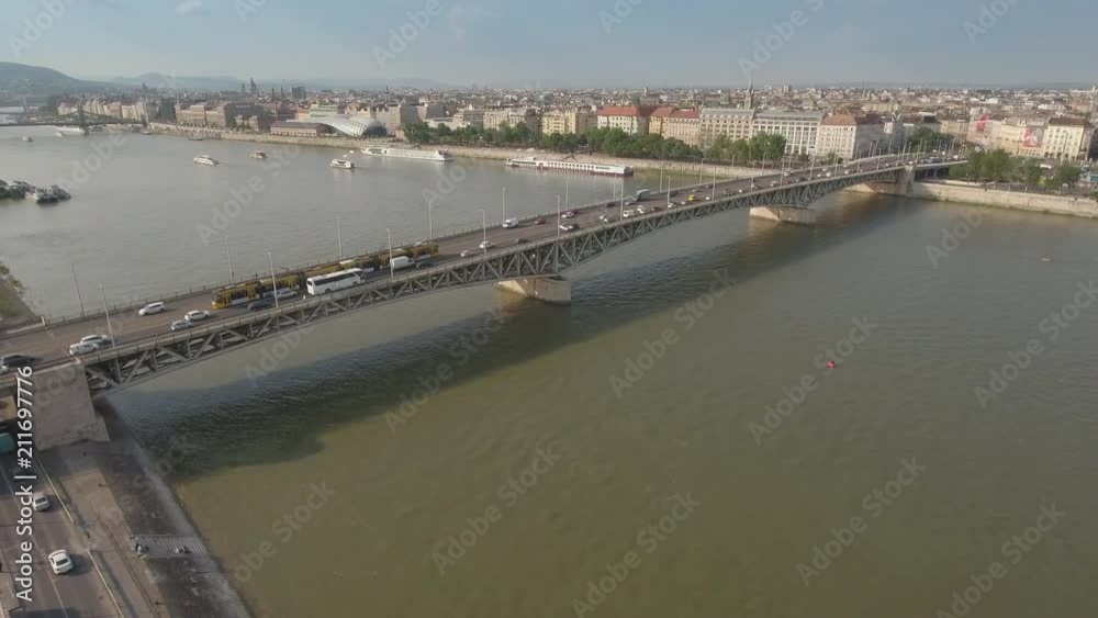 Aerial shot of Budapest - Danube river and Petofi bridge, Hungary Aerial shot of Budapest - Danube river and Petofi bridge, Hungary