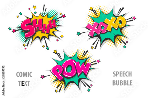 shh, xoxo, pow pop art style set hand drawn sound effects template comics book text speech bubble. Halftone dot background.