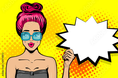 Surprise caucasian pink hair young girl in sunglasses. Woman pop art hold empty speech bubble. Comic text advertise balloon. Retro halftone background.