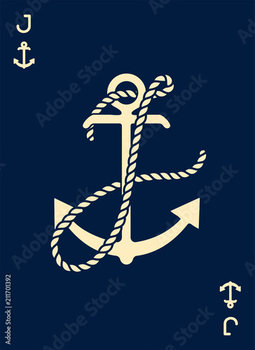 Vintage Label with an Anchor and Letter made of Ship Rope. Apparel t-shirt or Poster Design. Logotype Monogram with Playing Cards Style. Vector illustration.