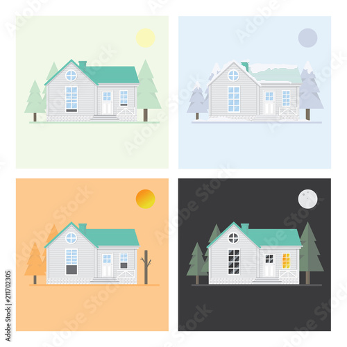 Four seasons house Summer,dry season,Winter and night .flat vectors design background