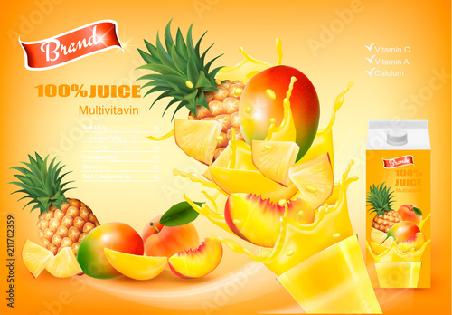 Mulitivitamin juice with fresh fruits and splashing liquid. Design template. Vector.