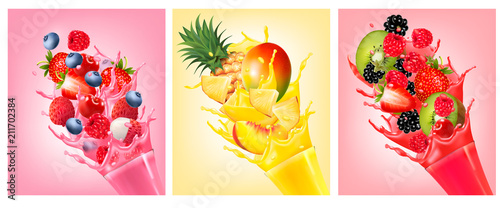 Fruit in juice splashes. Strawberry, guava, watermelon, pineapple, mango, peach, raspberry, blackberry. Vector.