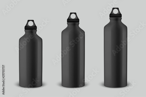 Vector realistic 3d different size - small, medium, large - black empty glossy metal water bottle with black bung icon set closeup isolated on white background. Design template of packaging mockup for