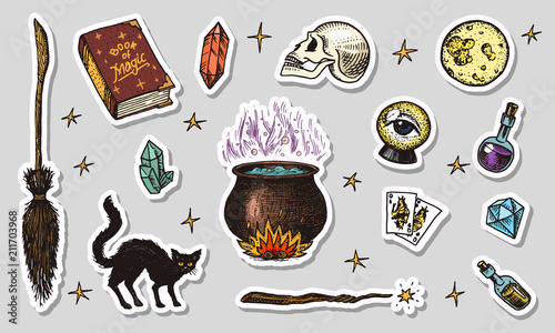 Vintage Halloween elements stickers. Magic ball, witch with book of spells, cursed black cat, hag or hex, potion and cauldron, skull and fortune-telling cards. Hand drawn engraved sketch.