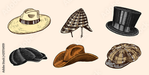Summer vintage Hats collection for elegant men,woman, female and ladies. Fedora Derby Deerstalker Homburg Bowler Straw Beret Captain Cowboy Porkpie Boater. Retro fashion set. English style. Hand drawn