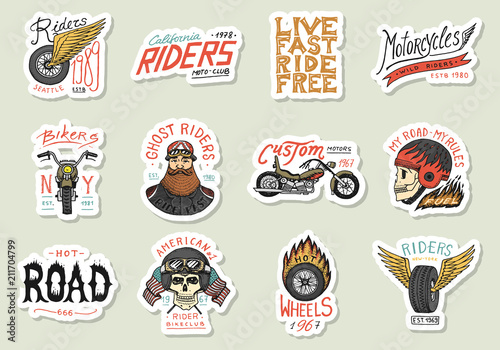Biker club stickers templates. Vintage custom Motorcycle and skull emblems, labels badges for t shirt. Monochrome retro style. Classic sport motorbike with racing gasoline. Hand drawn engraved sketch.