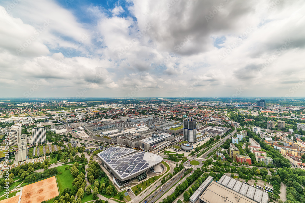 Munich, Germany June 09, 2018: Aerial view of Munich with BMW buildings from Olympic communication tower.