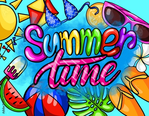 illustration with hand lettering summer time with colorful beach elements background for summer season