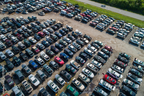 Aerial drone photo junk yard for cars automobile