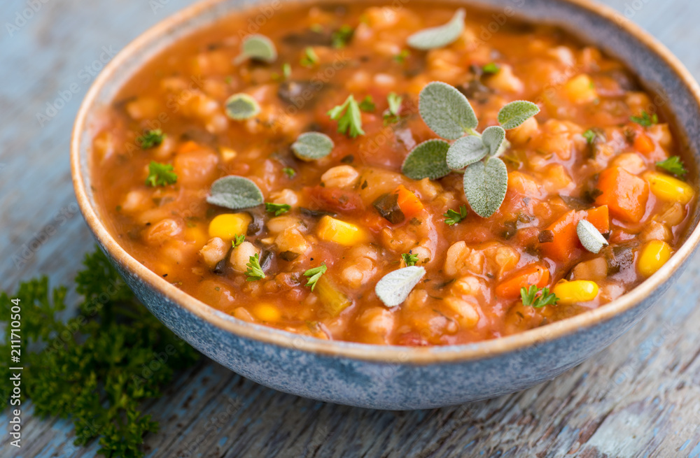 Hearty Bean Mix Soup in Blue Bowl Hearty Bean Mix Soup in Blue Bowl
