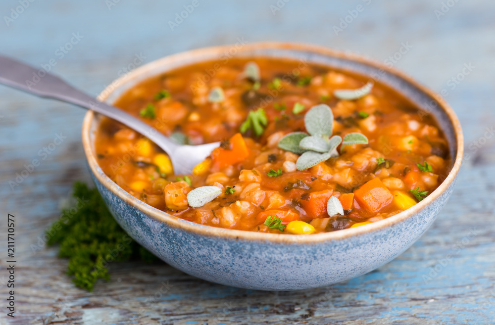 Hearty Bean Mix Soup in Blue Bowl Hearty Bean Mix Soup in Blue Bowl