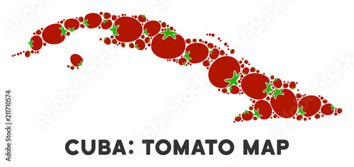 Cuba map composition of tomato in different sizes. Vector tomato symbols are combined into Cuba map composition. Organic vector illustration with juice glass.