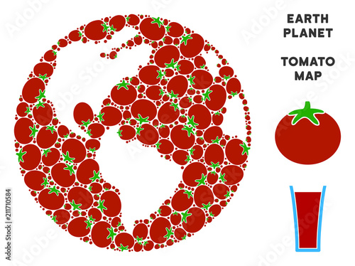 Earth globe collage of tomatoes in different sizes. Vector tomatoes objects are composed into Earth globe mosaic. Tomatoes vector design concept with juice glass.