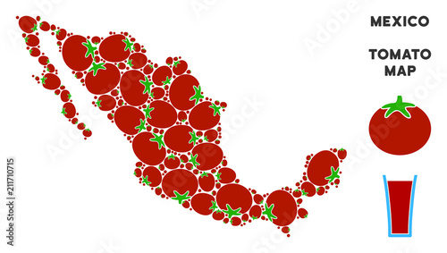 Mexico map mosaic of tomato vegetables in different sizes. Vector tomato objects are organized into Mexico map illustration. Vegetable vector illustration with juice glass.