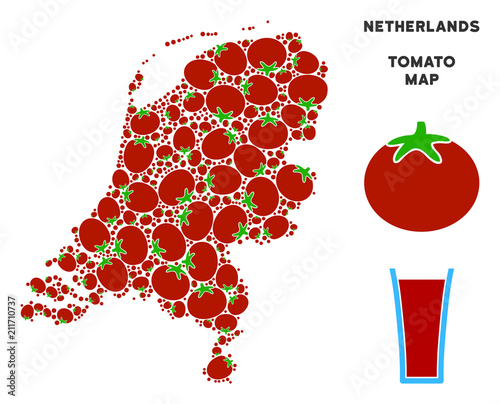 Netherlands map collage of tomato vegetables in variable sizes. Vector tomato vegetable items are united into Netherlands map collage. Salad vector design concept with juice glass.
