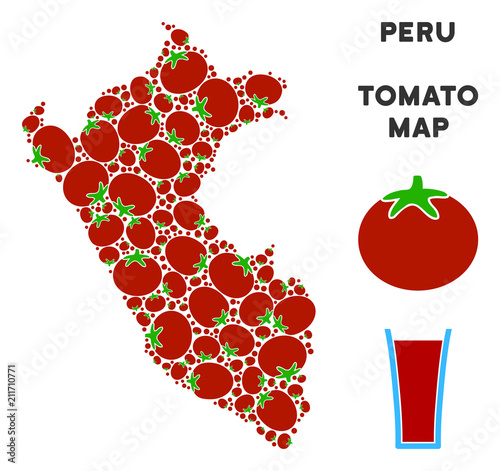 Peru map collage of tomato in different sizes. Vector tomato vegetable symbols are combined into Peru map collage. Salad vector design concept with juice glass.