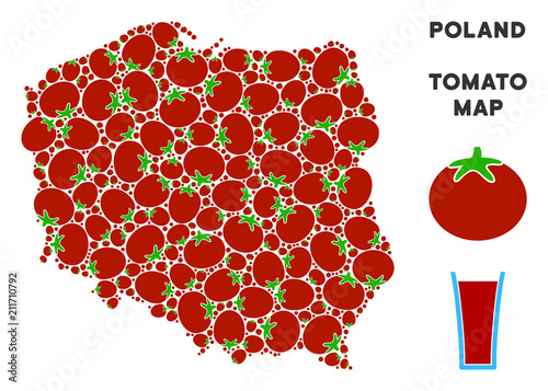 Poland map composition of tomato vegetables in various sizes. Vector tomato vegetable symbols are combined into Poland map illustration. Vegetable vector illustration with juice glass.