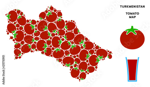 Turkmenistan map composition of tomato vegetables in variable sizes. Vector tomato objects are organized into Turkmenistan map composition. Natural vector design concept with juice glass.