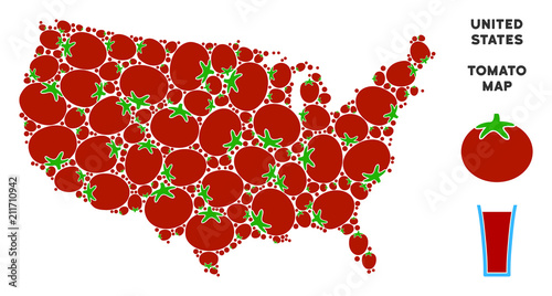 USA map mosaic of tomato vegetables in different sizes. Vector tomato vegetable elements are composed into USA map mosaic. Tomatoes vector illustration with juice glass.