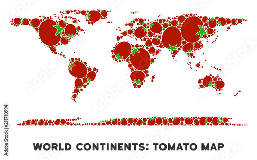 World continent map mosaic of tomato vegetables in variable sizes. Vector tomato vegetable objects are grouped into world continent map mosaic. Vegetarian vector design concept with juice glass.