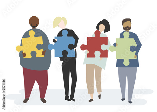 Illustration of characters with jigsaw pieces