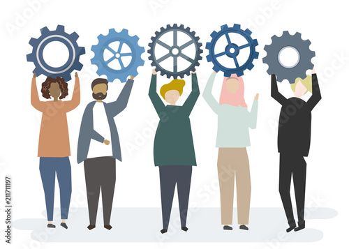 Illustration of character with cogwheel gears portraying teamwork concept