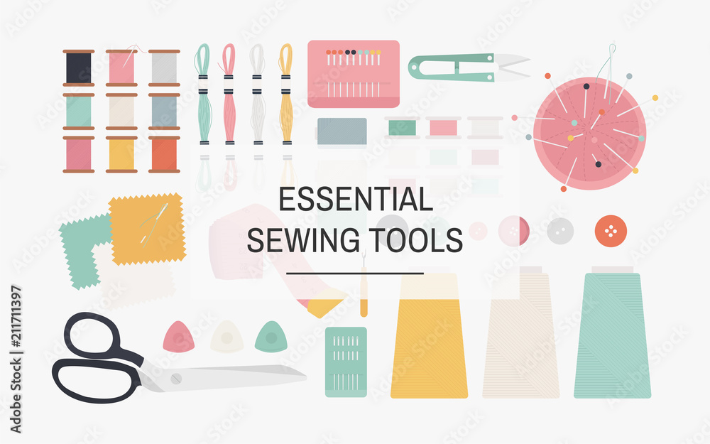 Essential sewing tools icon illustration Essential sewing tools icon illustration