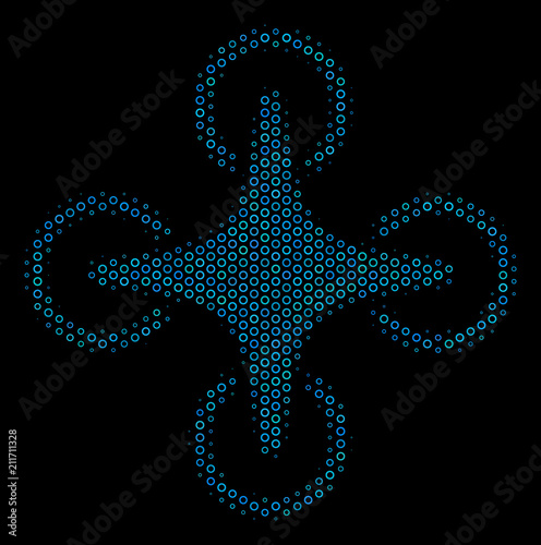 Halftone Air drone collage icon of spheric bubbles in blue color tinges on a black background. Vector spheric dots are organized into air drone collage.
