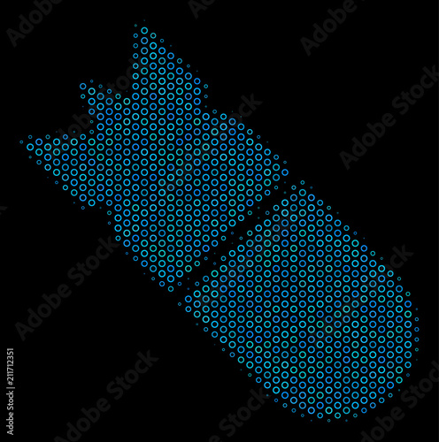 Halftone Aviation bomb composition icon of spheric bubbles in blue shades on a black background. Vector spheric dots are grouped into aviation bomb illustration.