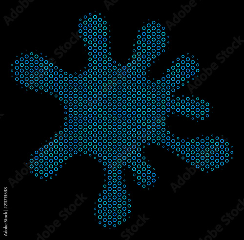 Halftone Blot mosaic icon of circle bubbles in blue color tints on a black background. Vector circle bubbles are grouped into blot collage.