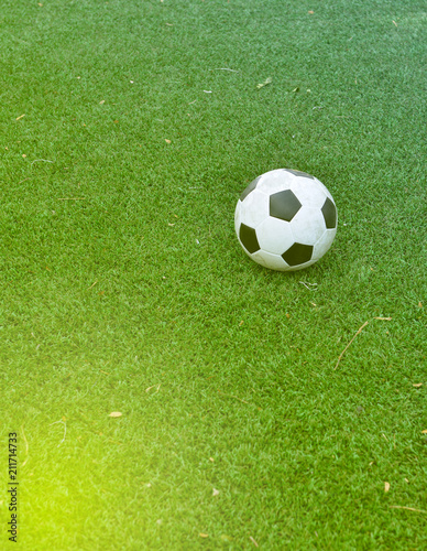 Old soccer on green field at terrain de soccer. © pomchathong007