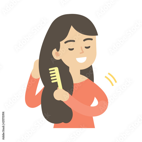 Young woman combing hair, cute vector illustration..
