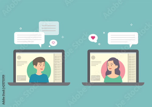 Man and woman chatting on the Internet, Online dating website on a laptop concept, dating application,  vector illustration.