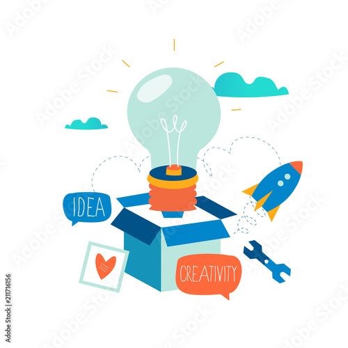 Idea, thinking outside the box, content development, brainstorming, creativity, project and research, creative soutions, learning flat design for mobile and web graphics vector illustration