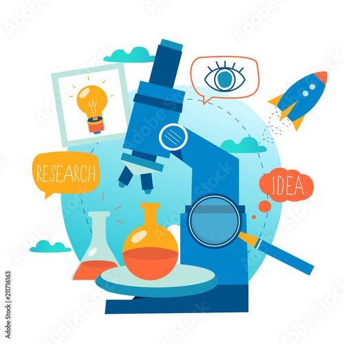 Research, science lab, scientific experiment, testing, microscope research flat vector illustration design for mobile and web graphics