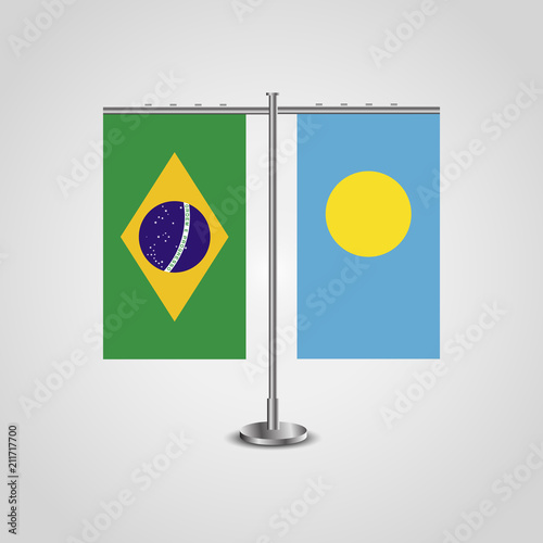 Table stand with flags of Brazil and Palau.Two flag. Flag pole. Symbolizing the cooperation between the two countries. Table flags