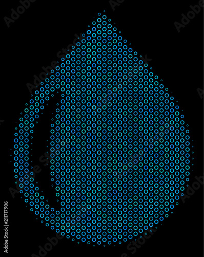 Halftone Drop collage icon of empty circles in blue color tones on a black background. Vector empty circles are organized into drop illustration.