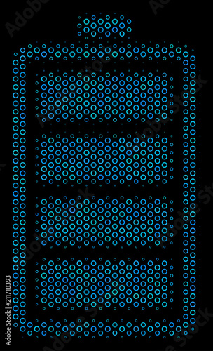 Halftone Electric battery composition icon of circle bubbles in blue color tones on a black background. Vector circle items are composed into electric battery illustration.