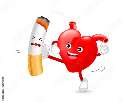 Heart character attacking the cigarette. Smoking is harmful to human heart. Resulting in organ damage and premature. World No Tobacco Day.