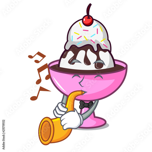 With trumpet ice cream sundae mascot cartoon