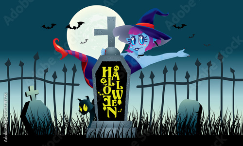 A cute witch stand behind a gravestone. With spooky background.