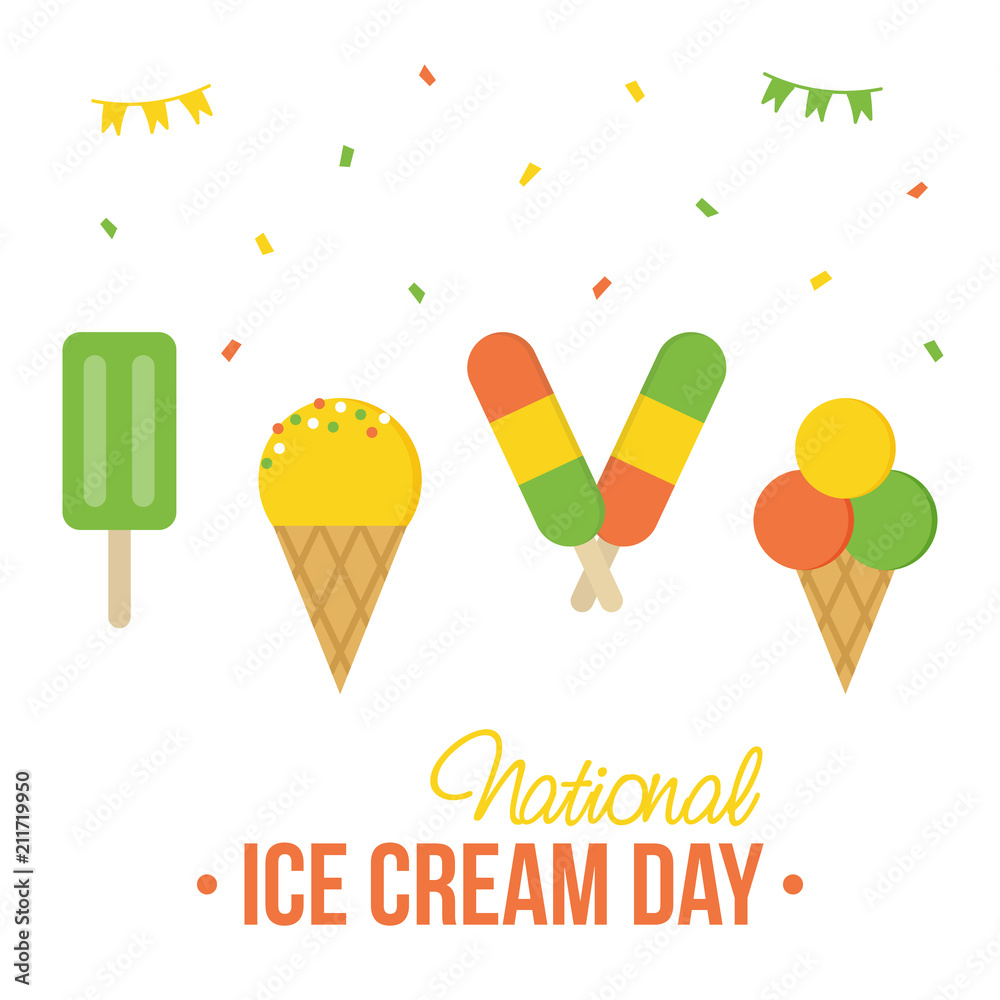 Cute colorful card, illustration for National Ice Cream Day with set