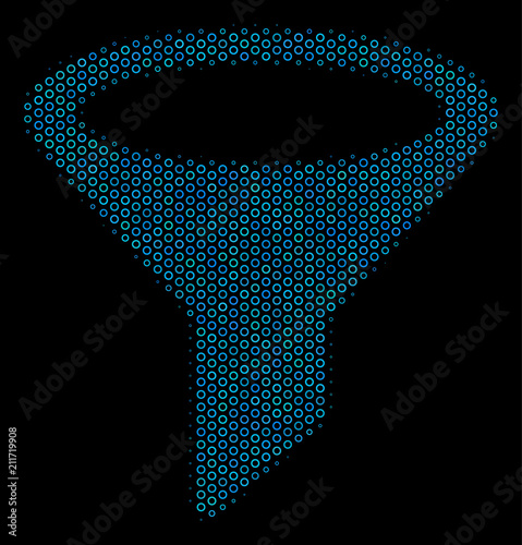 Halftone Filter mosaic icon of empty circles in blue color hues on a black background. Vector empty circles are united into filter collage.