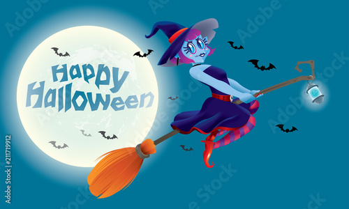 A cute witch flying with her magic broom. With full moon night scene.
