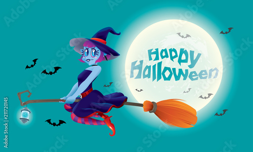 A cute witch flying with her magic broom. With full moon night scene.