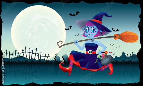 A running cute witch, holding a bowl of candies and a magic broom in her hand. With spooky background.
