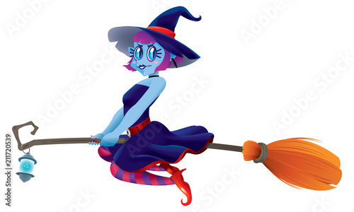 A cute witch flying with her magic broom. Isolated.